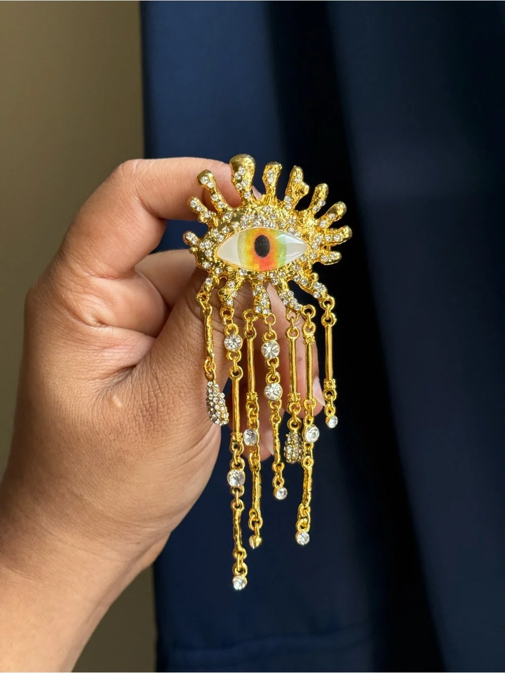 Schiaparelli Inspired Gold Evil Eye Fringe Brooch with Crystal Accents